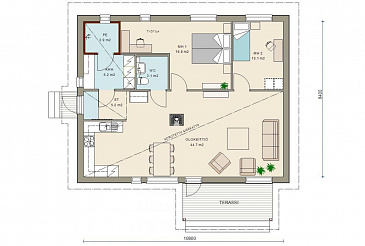 Проект компактного одноэтажного каркасного дома с двумя спальнями / План 1 этажа