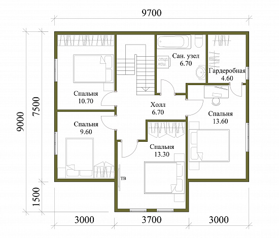 Проект каркасного дома с мансардой, 5 спальнями, гостиной-столовой и крытой террасой / План мансардного этажа
