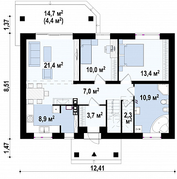 Проект мансардного дома из кирпича с острой крышей, с тремя спальнями и небольшой крытой террасой / План цокольного этажа