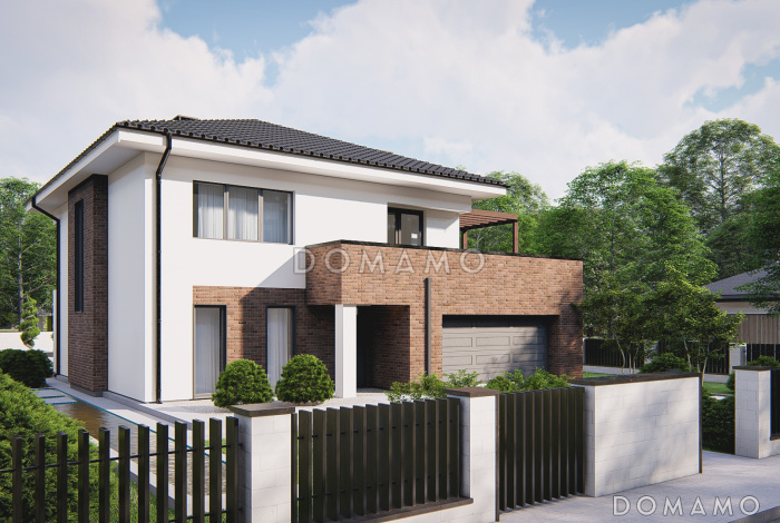 Проект двухэтажного дома с гаражом на два автомобиля с проходом в кухню через  кладовую, мастер-спальней на втором этаже