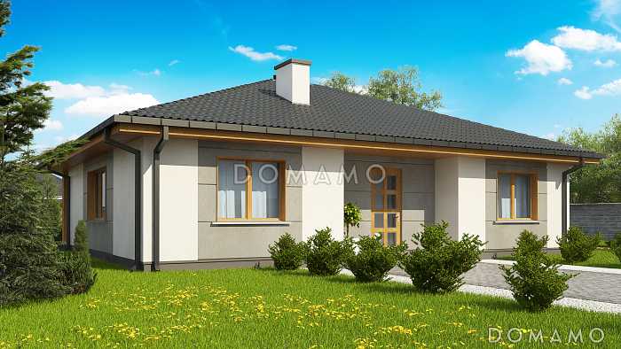 Проект одноэтажного загородного дома с мастер-спальней, террасой, кухней с окном у мойки