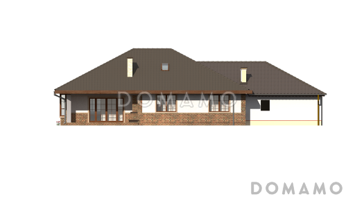 Проект одноэтажного дома из газобетона с мансардой, гаражом на два автомобиля и зоной барбекю на террасе  / Фасад 3