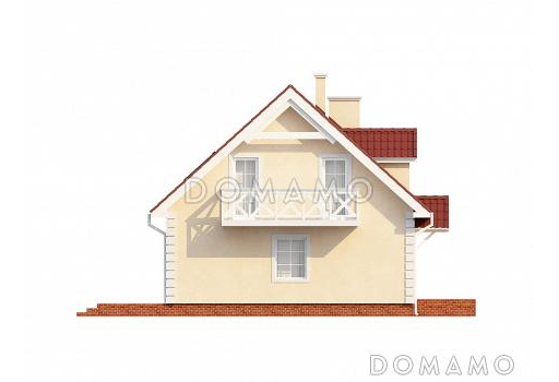 Проект одноэтажного мансардного дома из кирпича с тремя спальнями, балконом и красивыми мансардными окнами / Фасад 1