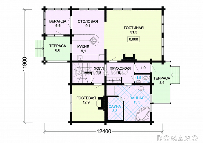 Проект деревянного дома с просторными кладовыми на цокольном этаже / План 1 этажа