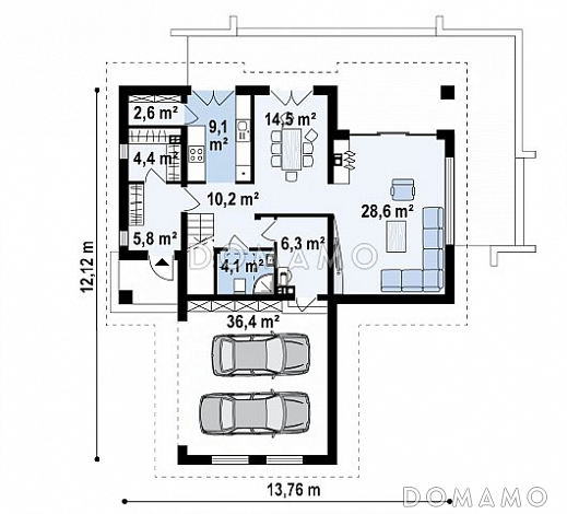 Проект комфортного одноэтажного мансардного дома из кирпича с гаражом для двух автомобилей / План 1 этажа