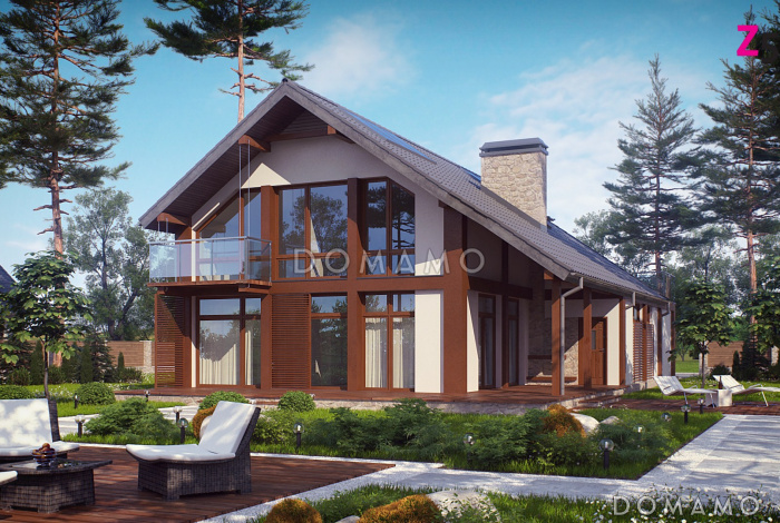 Проект двухэтажного дома из газобетона в стиле шале со вторым светом, четырьмя комнатами и гаражом