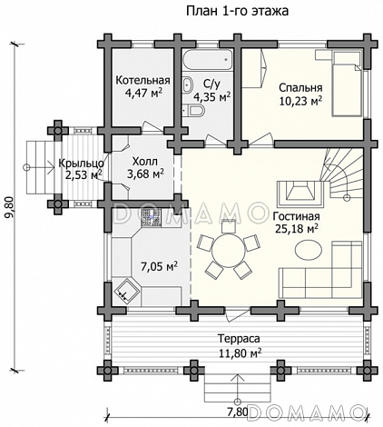 Проект дома с большой и вместительной гостиной / План 1 этажа