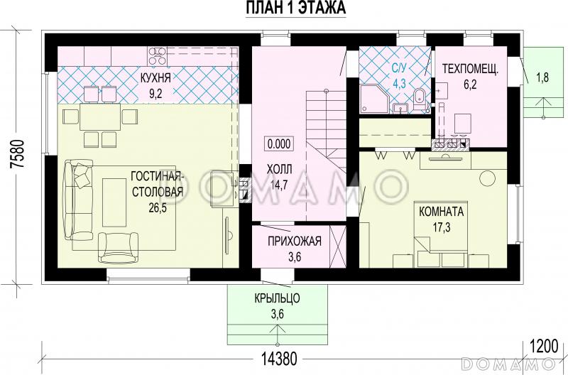 Проект дома в стиле минимализм с 4 спальнями / План 1 этажа