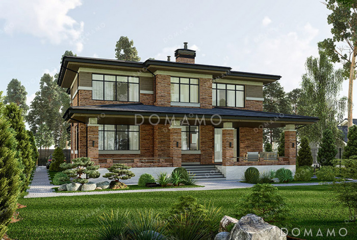 Проект двухэтажного дома с подвалом в стиле Райта