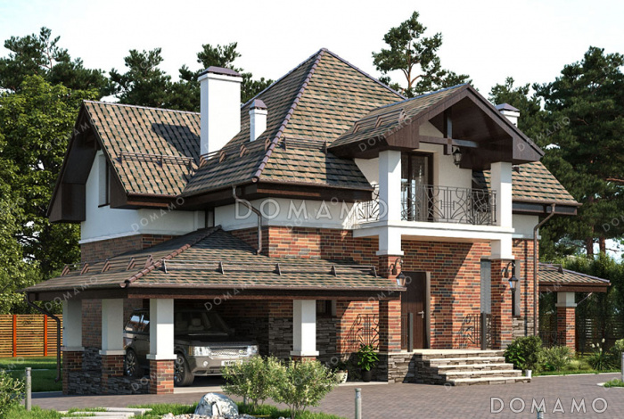 Проект дома с навесом для автомобиля, крытой террасой и двумя балконами на мансарде