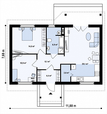 Проект компактного одноэтажного дома из газобетона с двумя спальнями и просторной гостиной / План 1 этажа