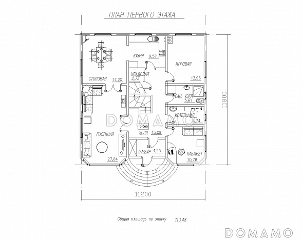 Двухэтажный дом с двумя эркерами / План 1 этажа