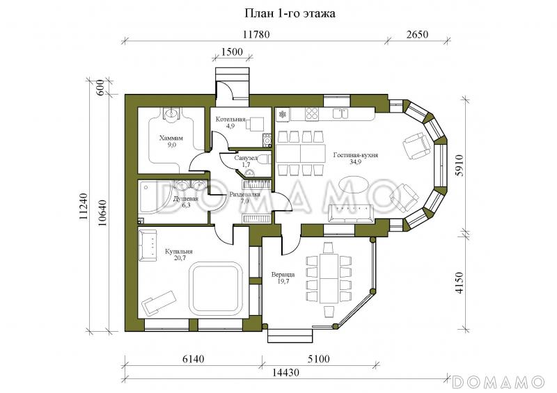 Проект бани с верандой и кухней-гостиной / План 1 этажа