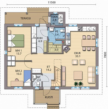 Проект каркасного дома с небольшими комнатами на мансардном этаже / План 1 этажа