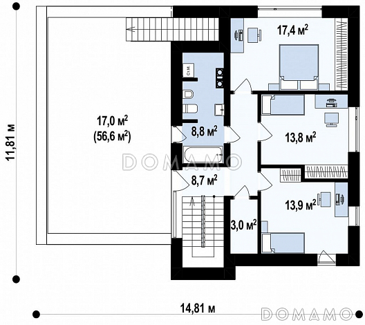 Проект современного двухэтажного коттеджа из кирпича с дополнительной комнатой на первом этаже и большим гаражом и террасой над ним  / План 2 этажа