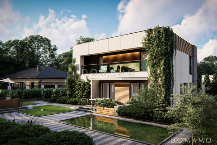 Проект современного двухэтажного дома с гаражом, кладовой, хозяйской спальней