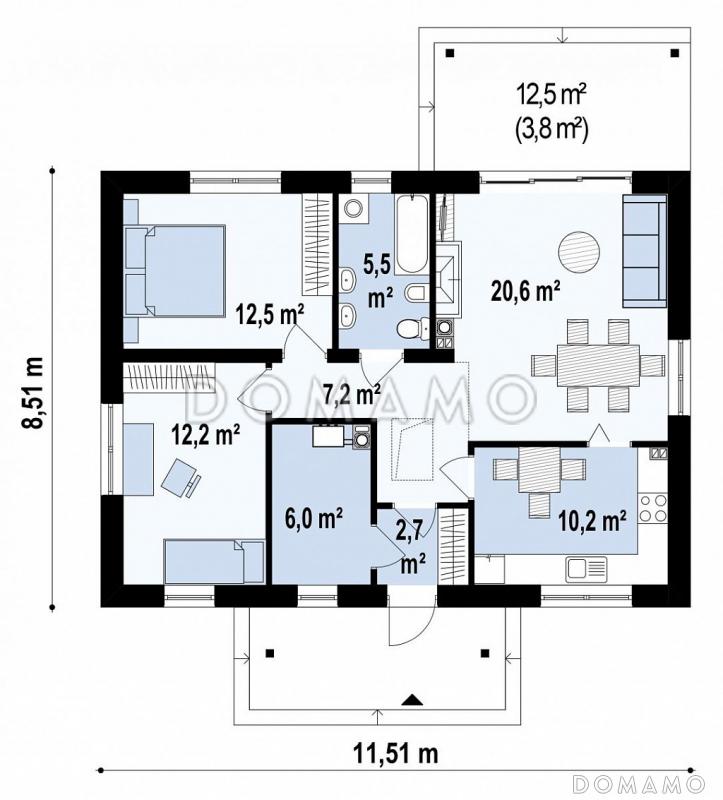 Проект компактного одноэтажного дома из кирпича с двумя спальнями, техническим помещением и изолированной кухней / План 1 этажа