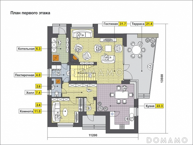Проект загородного дома из SIP панелей с косой крышей, открытой террасой, двумя балконами, панорамными окнами / План 1 этажа