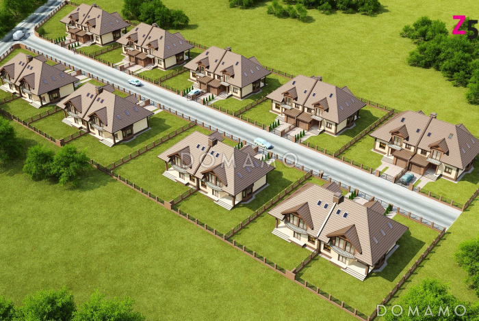 Проект двухэтажных домов-близнецов из газобетона с гаражом и чердаком