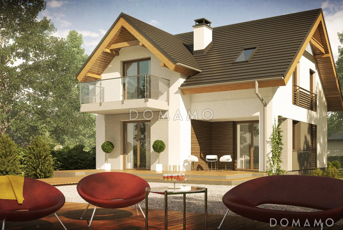 Проект дома с террасой, мансардными окнами, балконом,  треугольным окном в ванной на мансарде