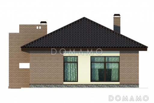 Проект одноэтажного коттеджа с коричневой облицовкой и необычной стеной крыльца / Фасад 3