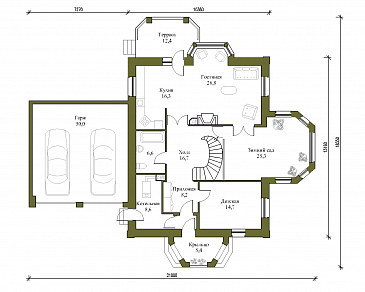 Проект большого коттеджа с зимним садом и гаражом / План 1 этажа