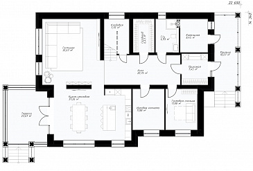 Проект двухэтажного дома в стиле Райта с кухней-столовой, застекленной террасой, постирочной на втором этаже / План 1 этажа