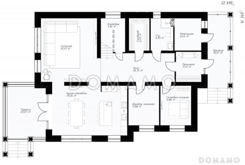 Проект двухэтажного дома в стиле Райта с кухней-столовой, застекленной террасой, постирочной на втором этаже / План 1 этажа