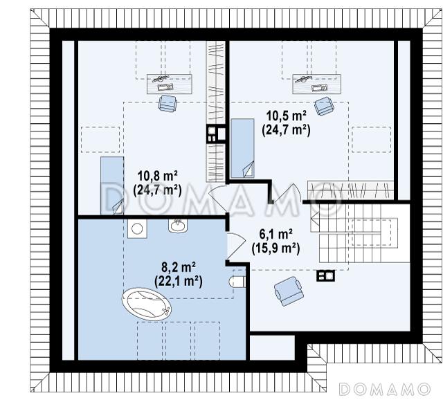 Проект мансардного дома из кирпича с двумя спальнями на первом этаже и двумя на мансарде / План мансардного этажа