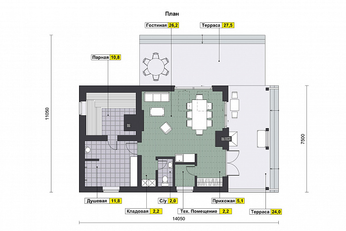 Проект бани из газобетона с барбекю на террасе / План 1 этажа