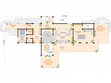 Проект двухэтажного дома из клееного бруса с большой кухней-столовой / План 1 этажа