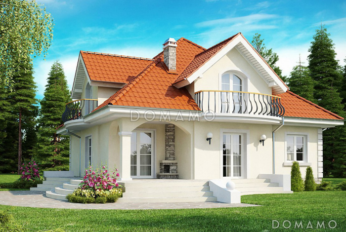 Проект загородного дома с цокольным этажом, камином на террасе, просторной гостиной, кладовой в кухне