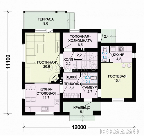 Проект небольшого дома с пятью жилыми комнатами и балконом из СИП панелей / План 1 этажа