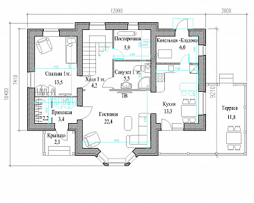 Проект полутораэтажного коттеджа с яркой облицовкой и открытой террасой / План 1 этажа