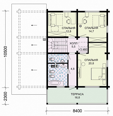Проект комфортабельного дома из бруса с гаражом и изящной террасой / План мансардного этажа