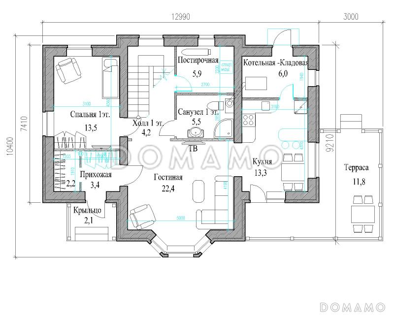 Проект полутораэтажного коттеджа с яркой облицовкой и открытой террасой / План 1 этажа