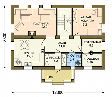 Проект лаконичного мансардного дома со строгой отделкой / План 1 этажа