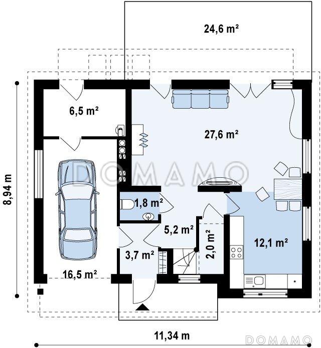 Проект одноэтажного мансардного дома из газобетона с частично крытой террасой и гаражом  / План 1 этажа