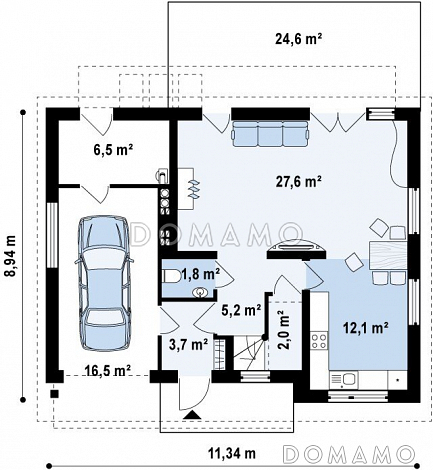 Проект одноэтажного мансардного дома из газобетона с частично крытой террасой и гаражом  / План 1 этажа