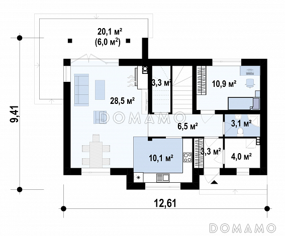 Проект загородного дома с камином в гостиной, террасой, кладовой под лестницей / План 1 этажа