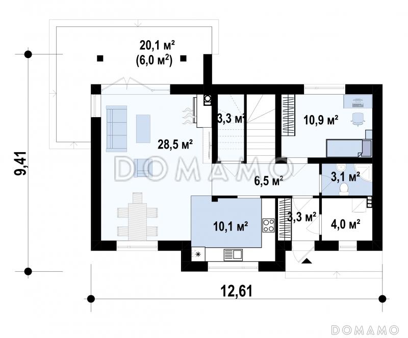 Проект загородного дома с камином в гостиной, террасой, кладовой под лестницей / План 1 этажа