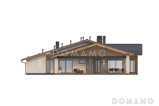 Проект одноэтажного дома с приватным блоком, спа-зоной, навесом для двух автомобилей и террасой с барбекю / Фасад 3