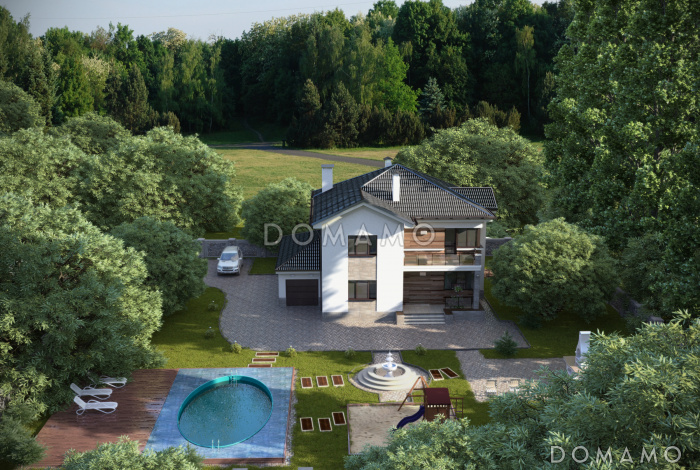 Проект загородного дома с гаражом, функциональной прихожей, просторной столовой зоной, зимнем садом