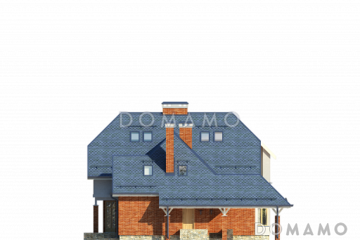 Проект дома с эркером в гостиной, комнатой на первом этаже, террасой, балконом, чердаком / Фасад 4