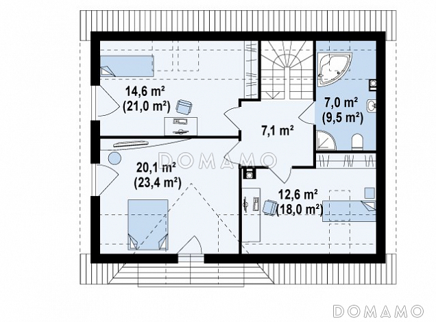 Проект полутораэтажного мансардного дома с кабинетом на первом этаже под каркасное строительство / План мансардного этажа