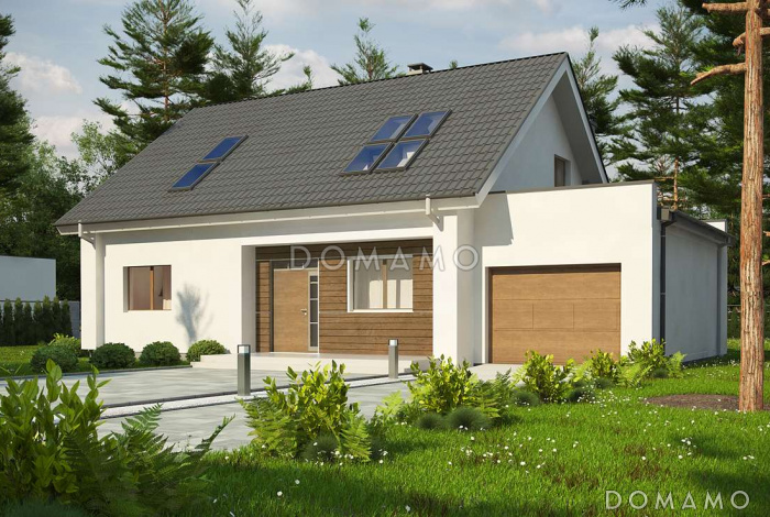 Проект одноэтажного коттеджа из кирпича с мансардным этажом, большой светлой гостиной и пристроенным гаражом