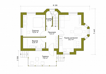 Проект небольшого дома из газобетона с большим крыльцом и эркером. / План 1 этажа