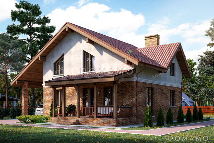 Проект загородного дома с мансардой, навесов для автомобиля, кабинетом и тремя спальнями