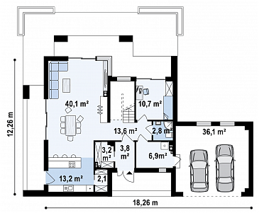 Проект современного двухэтажного дома из газобетона с пятью спальнями, с гаражом для двух автомобилей и террасами на обоих уровнях / План 1 этажа