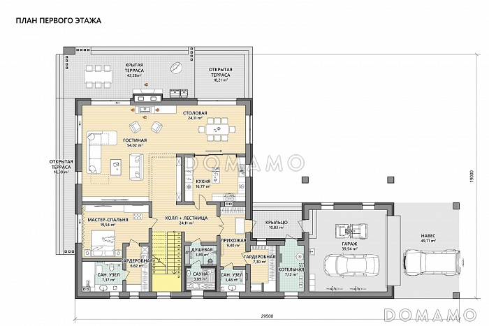 Проект Г-образного дома из газобетона с 3 спальнями, изолированной кухней и зоной барбекю на террасе / План 1 этажа